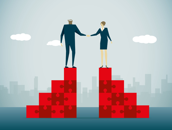 Two figures, one male, one female on top of puzzle pieces shaking hands