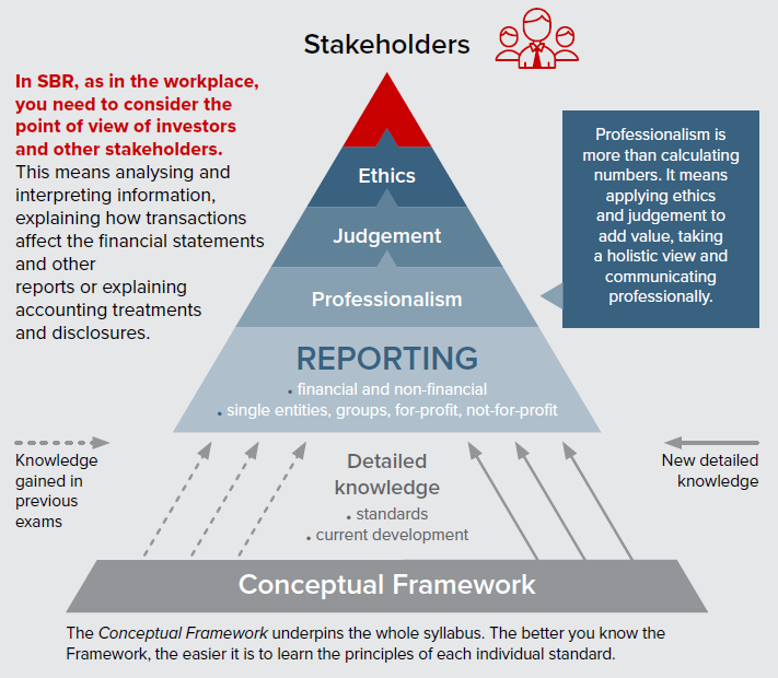 Triangular illustration with various levels.  From bottom to top: conceptual framework, detailed knowledge, reporting, professionalism, judgement, ethics.
