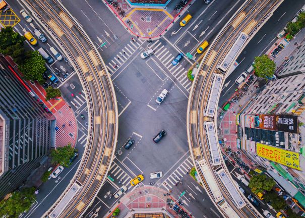 Birds eye view of a busy traffic junction Birds eye view of a busy traffic junction